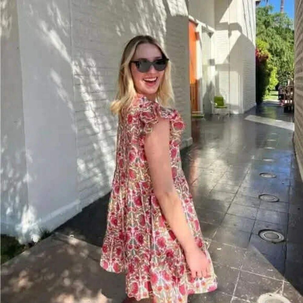 Caroline Constas Strawberry Pink Print Cotton Mini Flutter Dress, size M